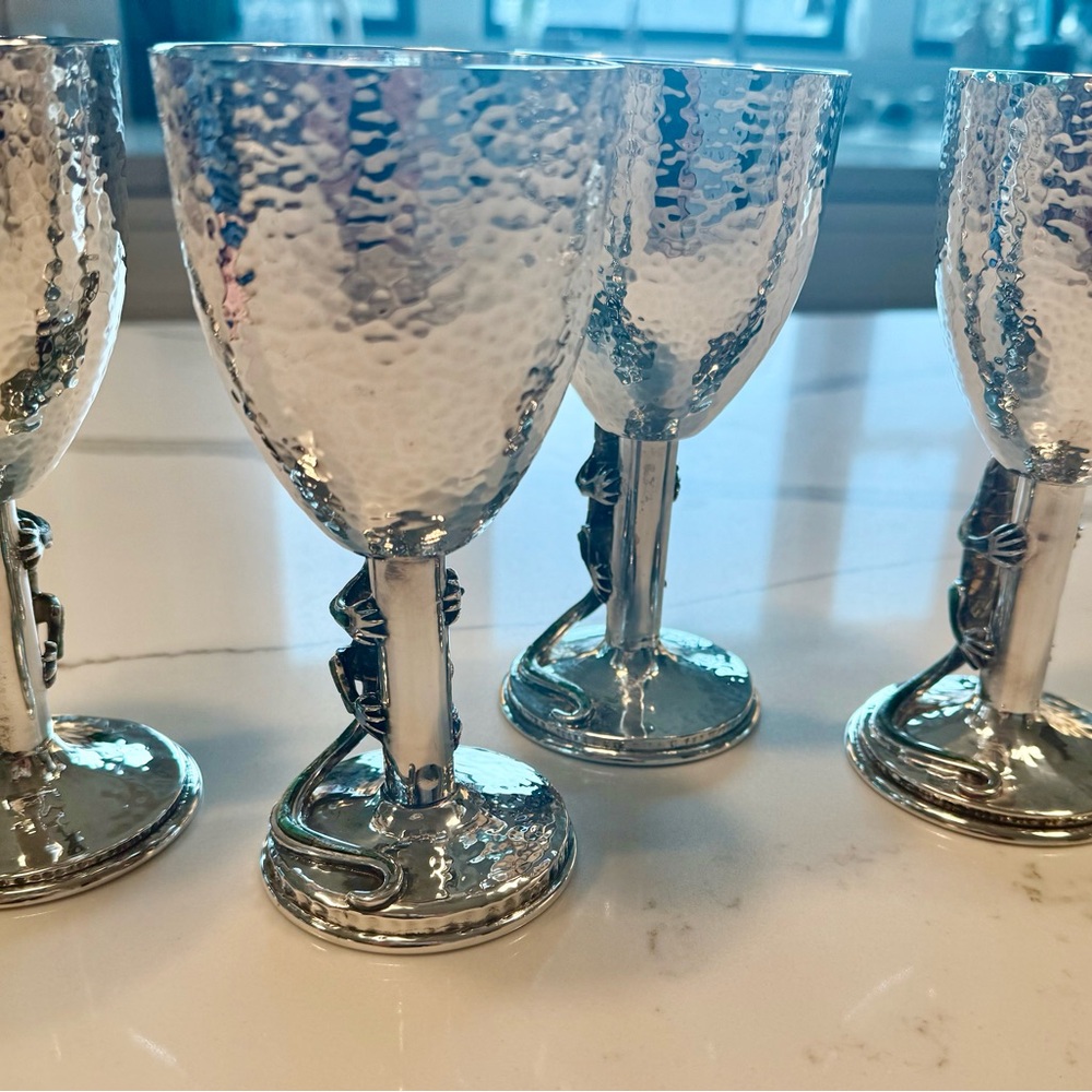 Rare Emilia Castillo Taxco Lizard Goblets Set of 4 Hammered Silver Plate - Picture 4 of 9